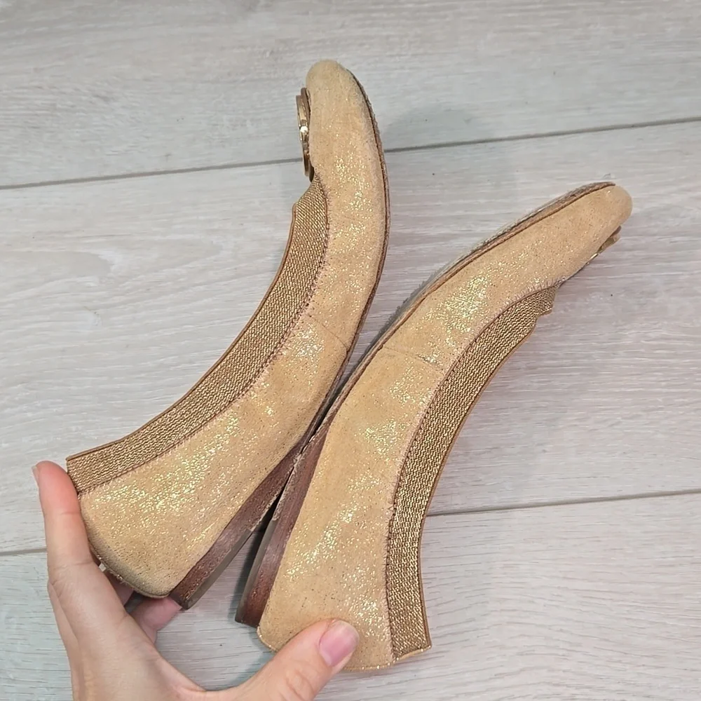 Tory Burch Glitter Suede Stretch Gold Ballet Flats Logo Shoes Sz 7M